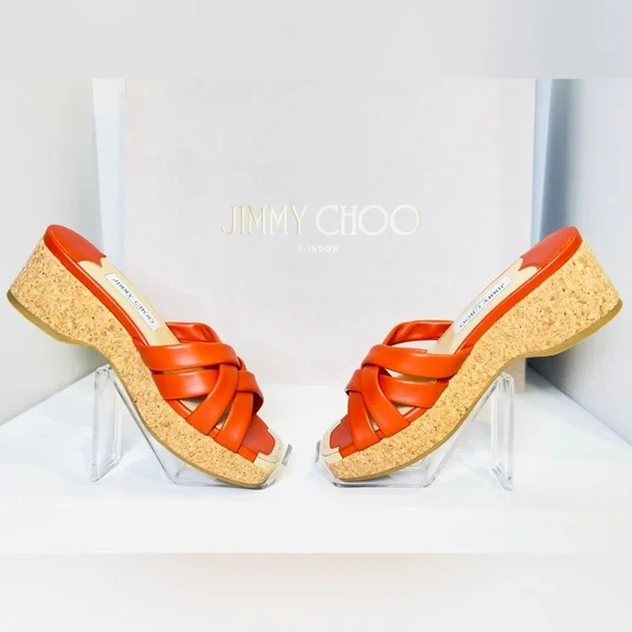 Jimmy Choo Maribou 50 Platform Wedge Slide Sandals Orange Napa Leather Size 38 - Picture 3 of 16